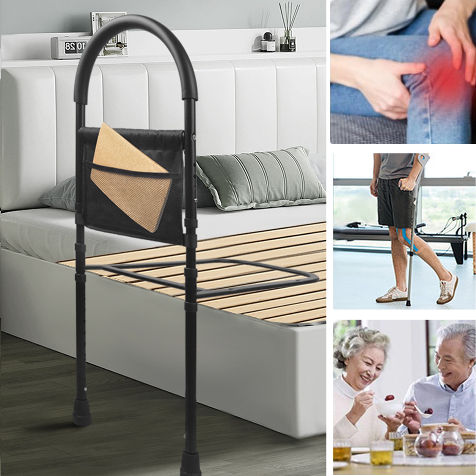 Yedigre Elderly Adults Safety Bed Rail with Sensor LED Light Seniors, Assist Support Grab Bar Bedside Handrail Height Adjustable Bed Side Railing Cane with Storage Pocket
